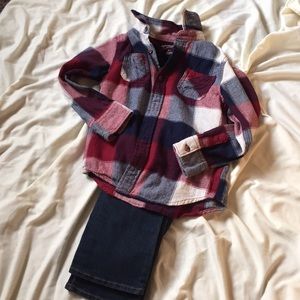 Boys size 7 plaid long sleeve and jean set.
